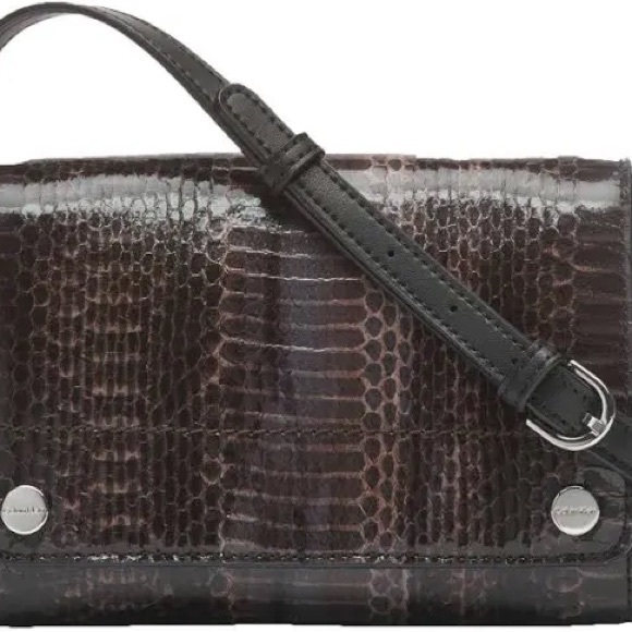 Calvin Klein Flap Patent Python Studded Flap Over Dark Taupe Crossbody - Picture 5 of 6